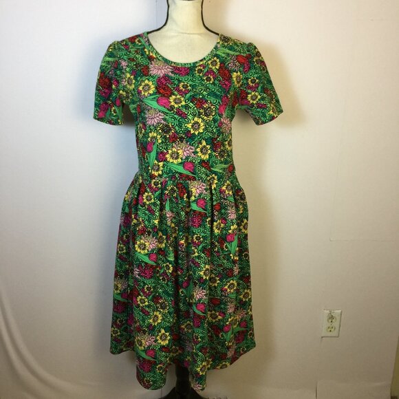 LuLaRoe Dresses & Skirts - LuLaRoe Amelia Fit & Flare Dress Size L Womans Green Floral Short Sleeve Pleated